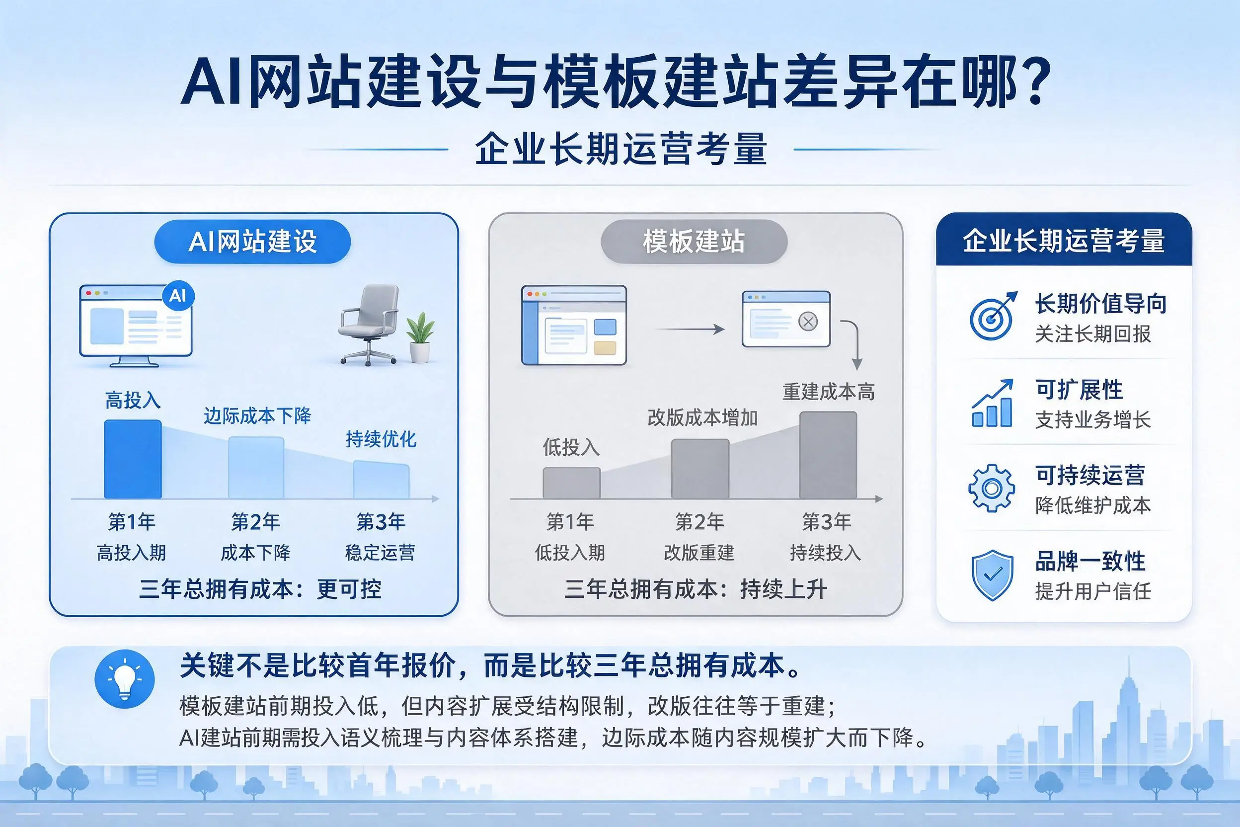 AI网站建设与模板建站差异在哪?临高企业长期运营考量